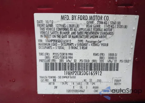 2013 Ford Taurus Sel из США, поврежденный, VIN 1FAHP2E85DG165912